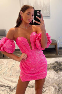 Cute Bodycon Sweetheart Hot Pink Sequins Short Homecoming Dresses ABHC061812