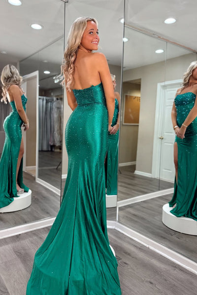 Sparkly Mermaid Strapless Green Satin Prom Dress with Hot Stone AB25112208
