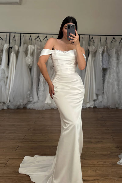 Elegant Mermaid Off the Shoulder Satin Wedding Dress with Beading AB26061502