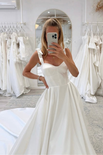 A Line Straps Satin Wedding Dress with Bow AB26060302