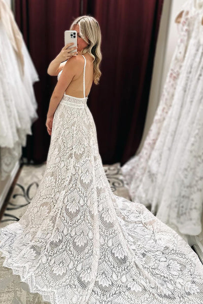 Bohemain A Line V Neck Lace Wedding Dresses AB1201903