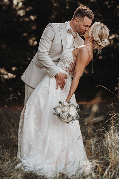 A Line V Neck Tulle Wedding Dresses with Appliques AB24102208