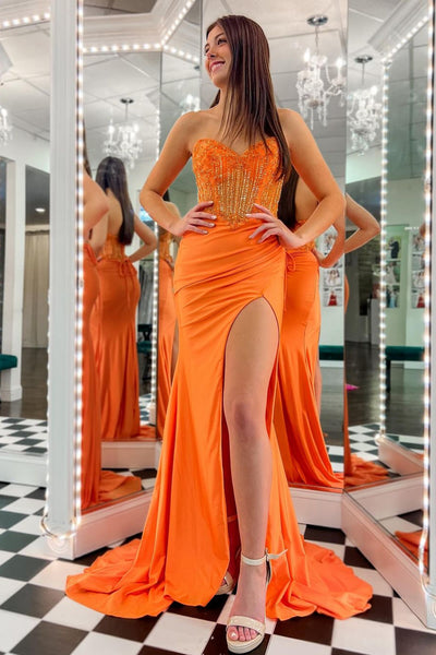 Charming Mermaid Sweetheart Orange Slit Prom Dresses with Beading AB24102307