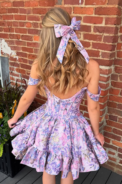 Fashion A Line Scoop Neck Lavender Jacquard Satin Homecoming Dress AB25081202