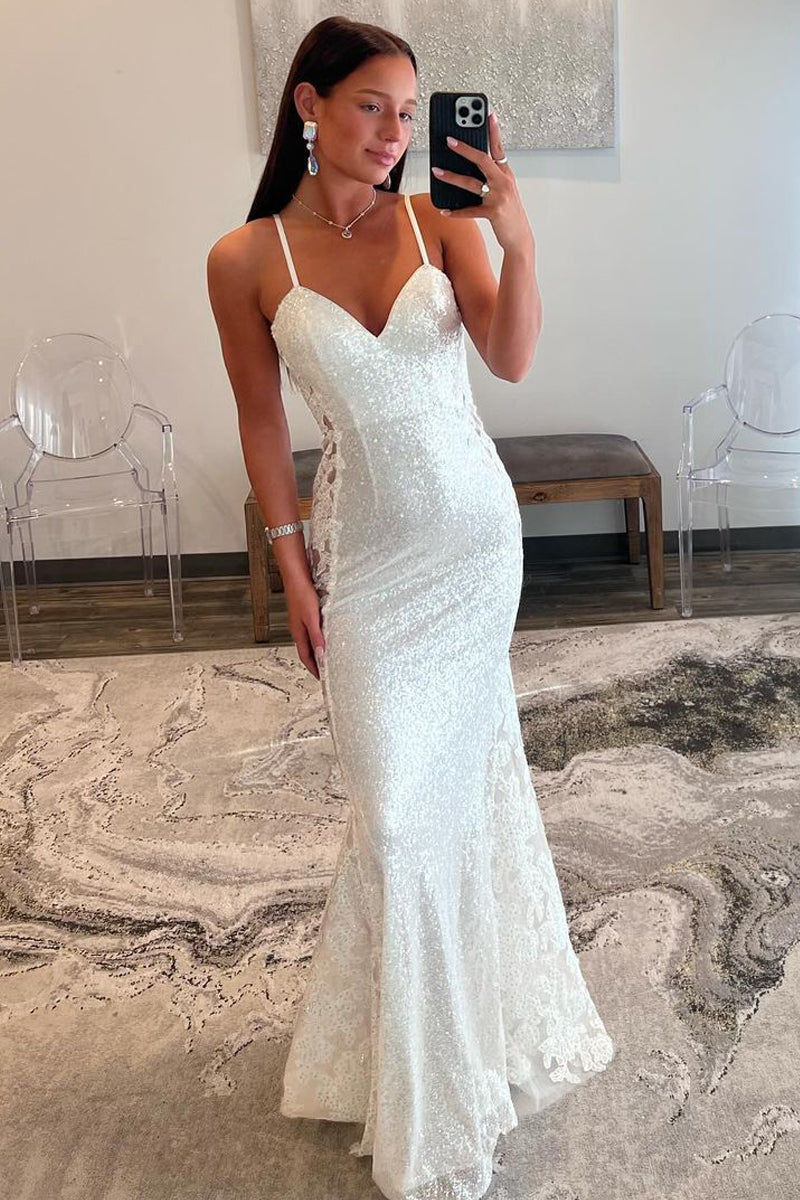 Cute Mermaid V Neck White Sequins Long Prom Dress with Appliques AB4010304