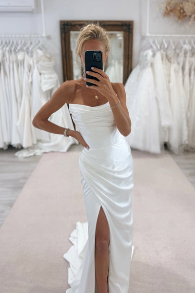 Charming Mermaid Scoop Neck Silk Satin Wedding Dress with Slit AB25112405