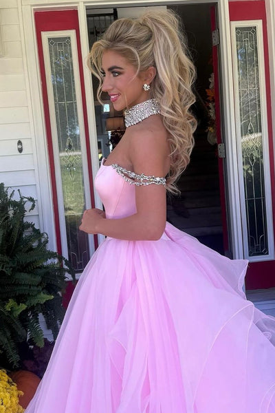 Gorgeous Ball Gown Off the Shoulder Tulle Pink Prom Dresses Dresses AB24102305