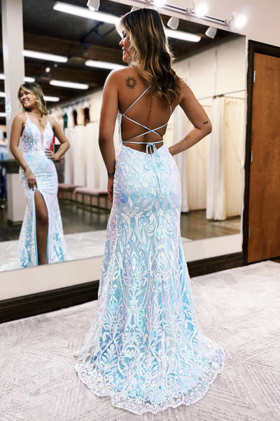 Sparkly Mermaid Deep V Neck Blue Sequins Lace Long Prom Dresses with Slit AB101101