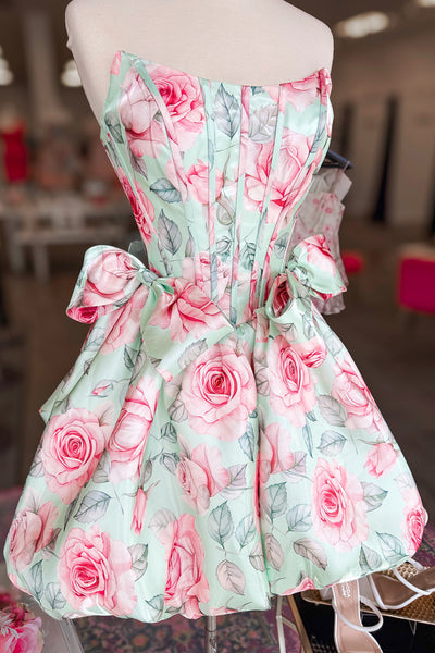 A Line Scoop Neck Floral Satin Short Homecoming Dress AB26071607
