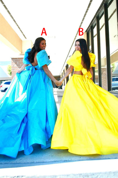 Cute Sweetheart Two Piece Yellow Satin Long Prom Dress AB4051603