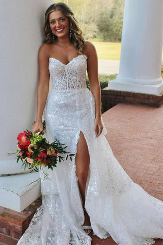 A-Line Strapless White Sequin Lace Ruffle Tiered Long Prom Dresses AB25032402