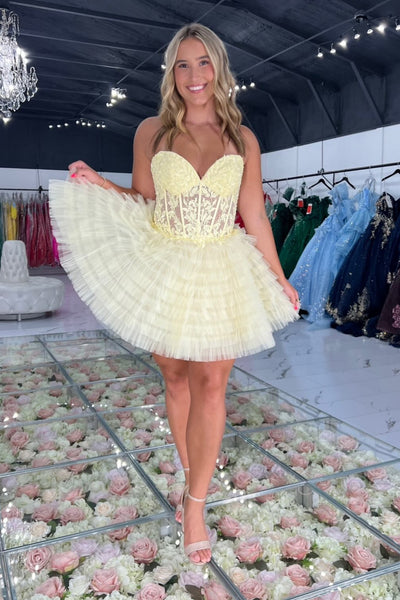 A Line Sweetheart Daffodil Tulle Homecoming Dress with Appliques AB26080905
