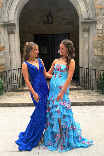 Mermaid Strapless Blue Floral Chiffon Tiered Prom Dress with Slit AB26060109