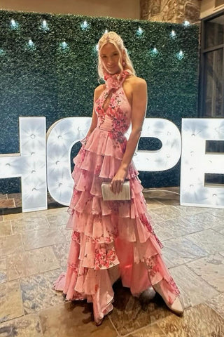 Cute A Line Hatler Floral Printed Chiffon Tiered Prom Dress AB24111505