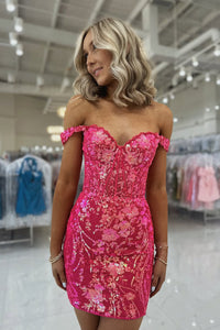 Bodycon Off the Shoulder Hot Pink Sequins Lace Homecoming Dress AB070303