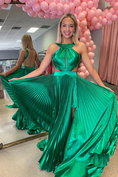 A-Line Halter Pleated Satin Long Prom Dresses with Slit AB25031605