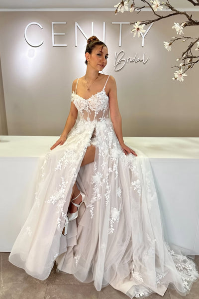 Bohomian A Line V Neck Tulle Wedding Dress with Appliques AB25120408