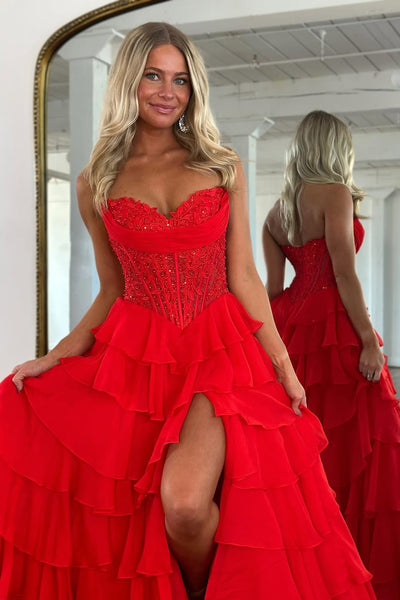 Gorgeous A Line Sweetheart Red Chiffon Tiered Prom Dress with Appliques AB25120401