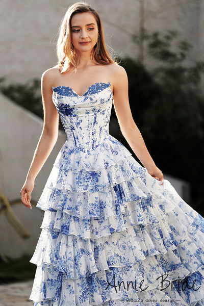 Cute Sweetheart Ball Gown Floral Printed Chiffon Prom Dress with Slit AB24121108