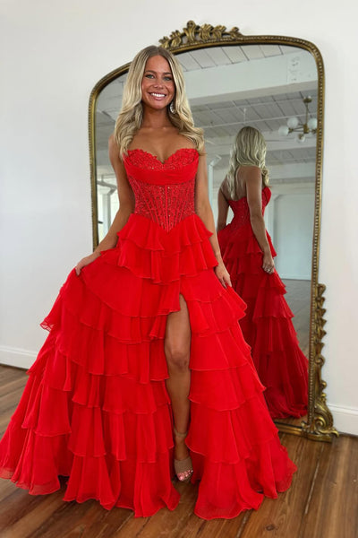 Gorgeous A Line Sweetheart Red Chiffon Tiered Prom Dress with Appliques AB25120401
