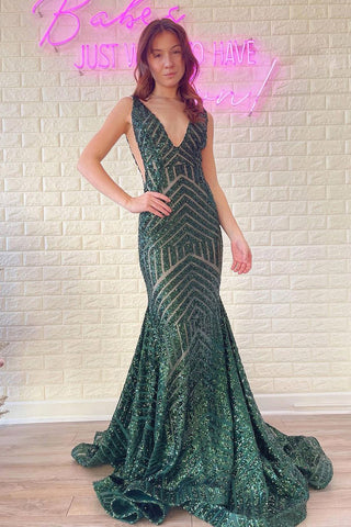 Charming Mermaid V Neck Dark Green Sequins Long Prom Dresses AB12001