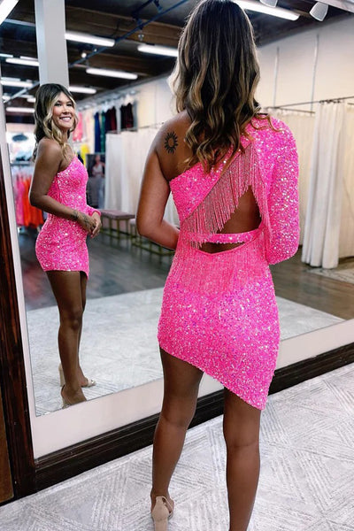 Cute Bodycon One Shoulder Hot Pink Sequins Short Homecoming Dresses with Beading AB09602