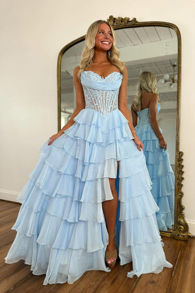 Gorgeous A Line Sweetheart Red Chiffon Tiered Prom Dress with Appliques AB25120401