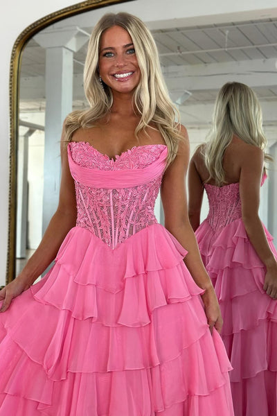 Gorgeous A Line Sweetheart Red Chiffon Tiered Prom Dress with Appliques AB25120401