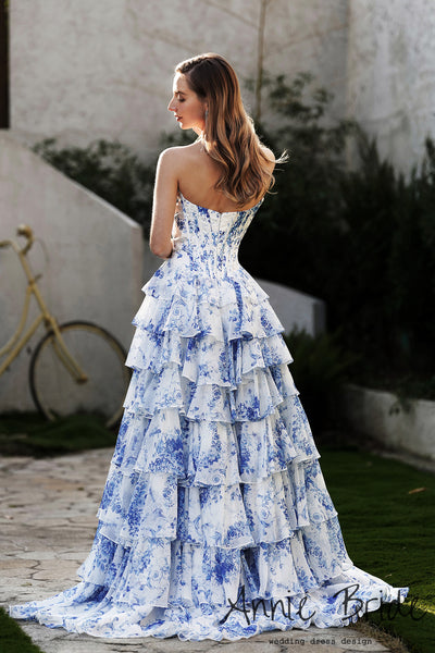 Cute Sweetheart Ball Gown Floral Printed Chiffon Prom Dress with Slit AB24121108