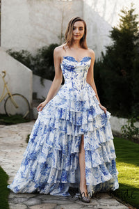 Cute Sweetheart Ball Gown Floral Printed Chiffon Prom Dress with Slit AB24121108