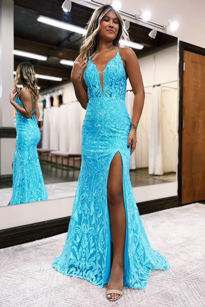 Sparkly Mermaid Deep V Neck Blue Sequins Lace Long Prom Dresses with Slit AB101101 Anniebride Sparkly Mermaid Deep V Neck Blue Sequins Lace Long Prom Dresses with Slit AB101101 Anniebride