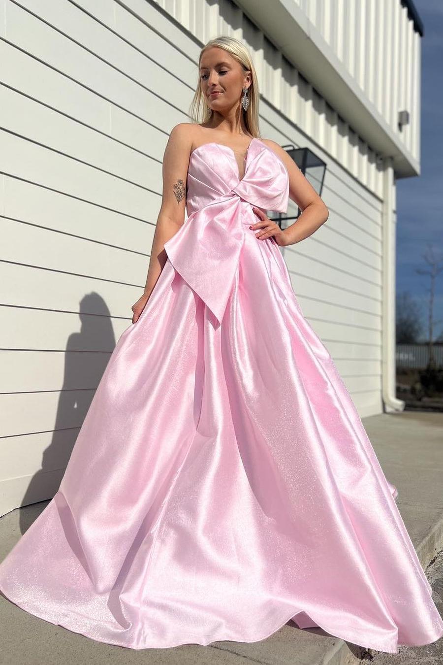 Cute A Line Strapless Pink Satin Prom Dress with Bow – Anniebride Cute A Line Strapless Pink Satin Prom Dress with Bow – Anniebride