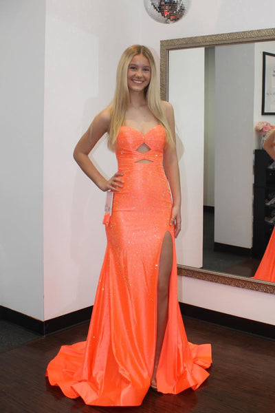 Sparkly Mermaid Strapless Orange Hot Fix Satin Prom Dress with Slit AB26032606