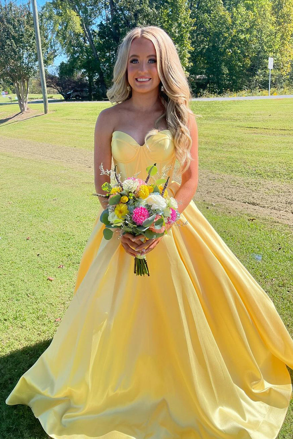 Cute Ball Gown Sweetheart Yellow Satin Long Prom Dresses AB24101108 Anniebride Cute Ball Gown Sweetheart Yellow Satin Long Prom Dresses AB24101108 Anniebride