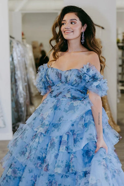 Blue Floral Tiered A-Line Long Prom Dress with Ruffles AB4042802