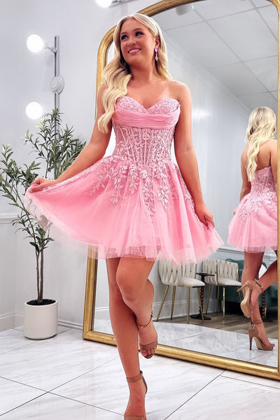 Cute A Line Sweetheart Pink Tulle Homecoming Dress with Appliques AB26080605