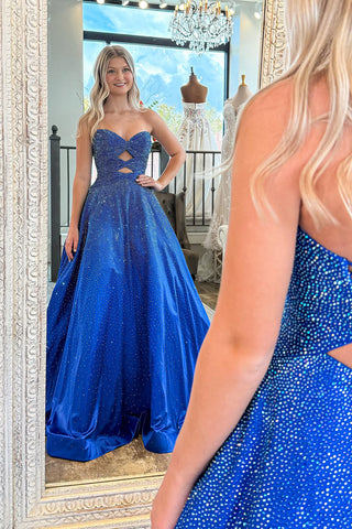 Gorgeous A Line Sweetheart Royal Blue Keyhole Satin Prom Dress with Rhinestones AB25100901