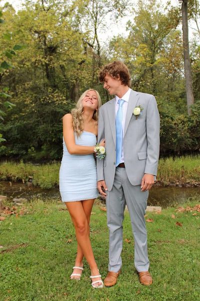 Cute Bodycon Strapless Light Blue Elastic Satin Short Homecoming Dress AB25092904