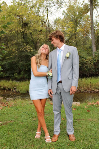 Cute Bodycon Strapless Light Blue Elastic Satin Short Homecoming Dress AB25092904