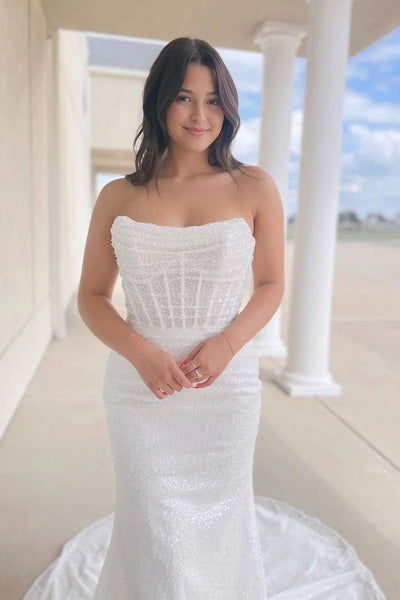 Sparkly Mermaid Scoop Neck Sequins Wedding Dress AB25120309