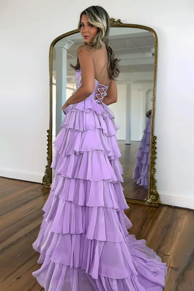 Gorgeous A Line Strapless Daffodial Tiered Chiffon Long Prom Evening Dresses VK25052838