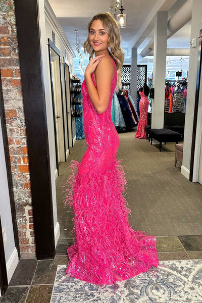 Mermaid V Neck Fuchsia Sequins Lace Long Prom Dress with Feather AB4042903