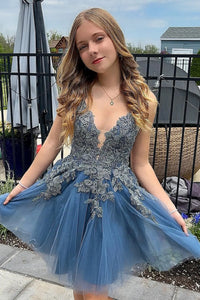 Cute A-Line V Neck Dark Blue Tulle Homecoming Dresses with Appliques A Anniebride Cute A-Line V Neck Dark Blue Tulle Homecoming Dresses with Appliques A Anniebride