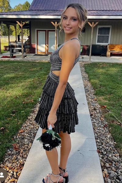 Cute A Line V Neck Black Satin Tiered Homecoming Dress with Hot Stone AB25093008