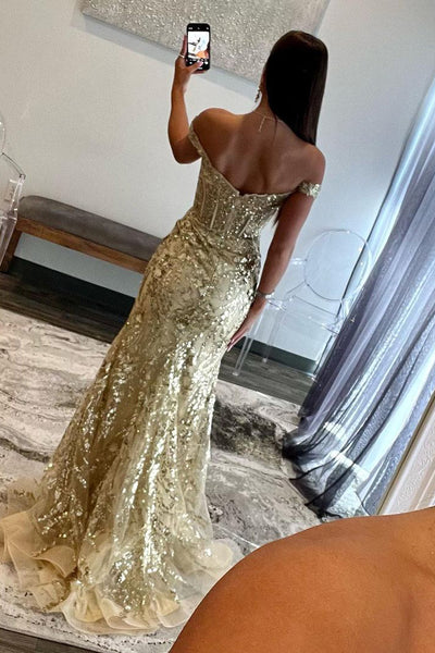 Charming Mermaid Sweetheart Gold Sequins Long Prom Dresses with Slit AB102303