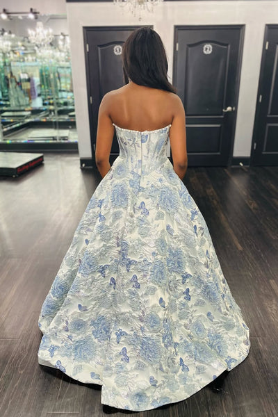 Cute A Line Scoop Neck Grey Light Blue Floral Satin Prom Dress AB26032205