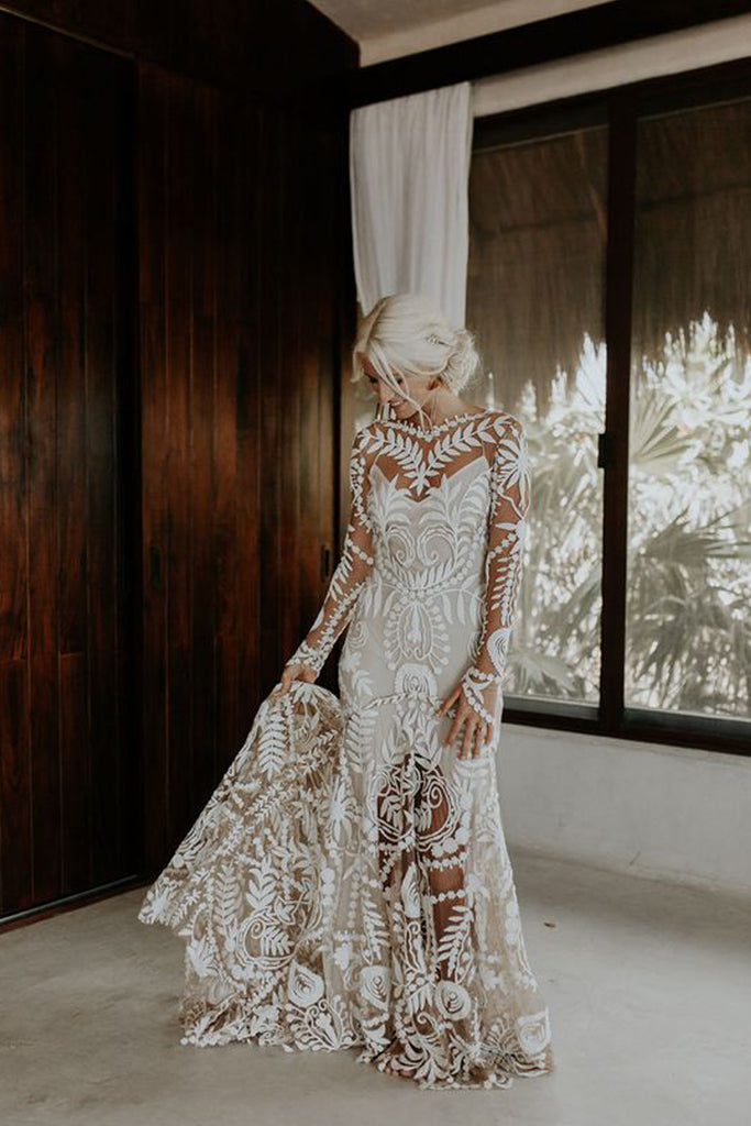 Bohemian Mermaid Scoop Neck Long Sleeves Lace Beach Wedding Dress AB081204 Anniebride Bohemian Mermaid Scoop Neck Long Sleeves Lace Beach Wedding Dress AB081204 Anniebride