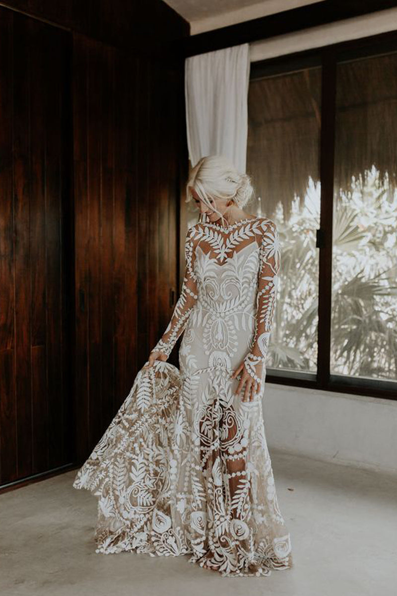 modest long sleeve mermaid wedding dress Bohemian Mermaid Scoop Neck Long Sleeves Lace Beach Wedding Dress AB081204  – Anniebride