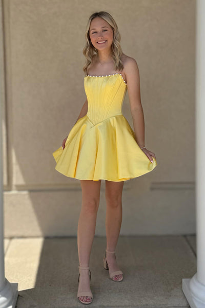 A Line Strapless Yellow Satin Homecoming Dress with Pearls AB26072014