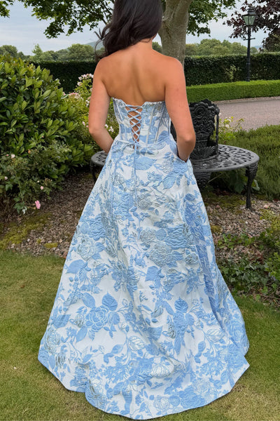 A Line Scoop Neck Blue Jacquard Satin Long Prom Dresses AB26080909